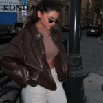 KONDALA 2026 Spring Summer Brown Business Casual Faux Leather Women Jackets Chic Valentine‘s Day Spliced Zipper Ladies Jackets
