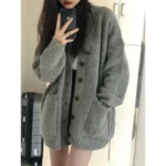 New Preppy Style Women’s Knit Sweater Cardigan Loose Fit V-neck Versatile Solid Color Korean Version Pullovers