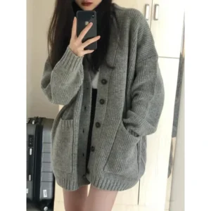 New Preppy Style Women's Knit Sweater Cardigan Loose Fit V-neck Versatile Solid Color Korean Version Pullovers
