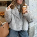 HH Women Fashion Cropped Faux Fur Jacket Coat Long Sleeve Front Snap-button Female Outerwear Chic Lapel Collar Thick Coat
