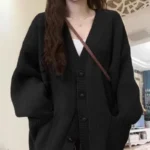 New Preppy Style Women’s Knit Sweater Cardigan Loose Fit V-neck Versatile Solid Color Korean Version Pullovers