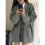 New Preppy Style Women’s Knit Sweater Cardigan Loose Fit V-neck Versatile Solid Color Korean Version Pullovers