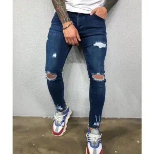 Stretch Slim Denim Pant High Quality Ripped Hole Street Jeans Casual Pants Trousers for Men
