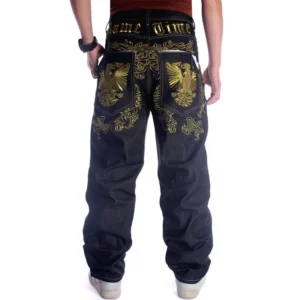 Mens Black Breathable Mid Waist Straight Hip Hop Washed Winter Denim Jeans in Bulk with Golden Embroidery