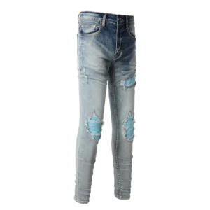 Custom Painted Colored Patch Ripped Street Style Fashion Blue Jeans for Men