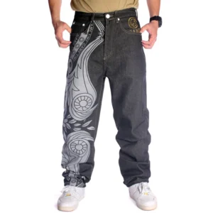 Men's Designer Graphic Printed Jeans Winter Stonewashed Baggy Hip Hop Style Soft Embroidered Straight Knitted Loose Fit