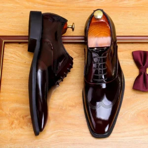Classic Genuine Leather Men's Business Oxford Lace-Up British Burnished Low Heel Rubber Sole Durable Black Square Toe Shoes