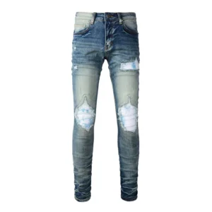 Custom Painted Colored Patch Ripped Street Style Fashion Blue Jeans for Men