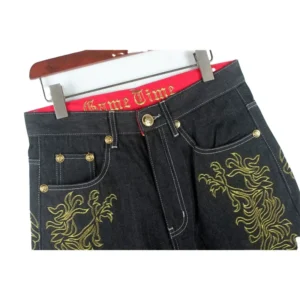 Mens Black Breathable Mid Waist Straight Hip Hop Washed Winter Denim Jeans in Bulk with Golden Embroidery