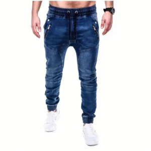 2024 Hot Sale Plus Size Retro Design Men's Washed Denim Causal Fashionable Zipper Pocket Long Drawstring Jeans