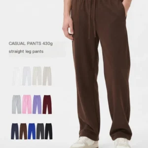 Custom OEM ODM Men's Heavyweight Straight Leg Sweatpants 430g Cotton Blend Brushed Loose Elastic Waist Drawstring Casual Pants