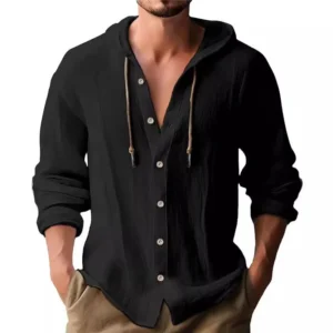 2026 Fashion Men's Casual Long Sleeved Shirt Cotton T-shirt Hooded Trend Loose Beach Hooded Drawstring Cardigan Tops Shirt