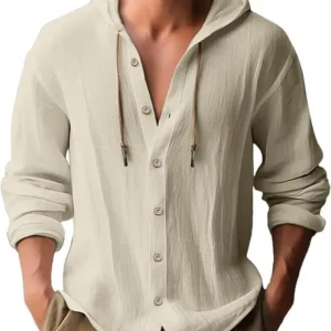 2026 Fashion Men's Casual Long Sleeved Shirt Cotton T-shirt Hooded Trend Loose Beach Hooded Drawstring Cardigan Tops Shirt