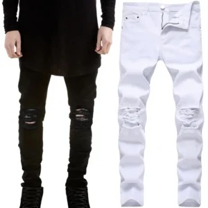 Mens Slim Fit Knee Ripped Jeans Plus Size Black White Skinny Distressed Stretch Denim Trousers Work Pants