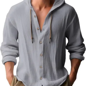 2026 Fashion Men's Casual Long Sleeved Shirt Cotton T-shirt Hooded Trend Loose Beach Hooded Drawstring Cardigan Tops Shirt