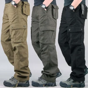 New Fashion Men Worsted Cotton Overalls Knitted Zipper Fly Straight Trousers Mid Waist Pleated Front Multi-pocket Plus Size