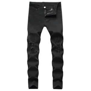 Mens Slim Fit Knee Ripped Jeans Plus Size Black White Skinny Distressed Stretch Denim Trousers Work Pants