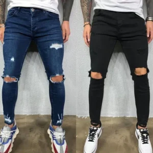 Stretch Slim Denim Pant High Quality Ripped Hole Street Jeans Casual Pants Trousers for Men