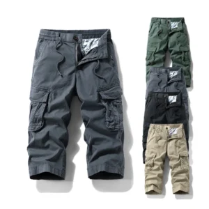 Solid Color Men's Elastic Waist Classic Big Size Capri Short Pants with Multiple Pockets Vintage Washed Below Knee Shorts