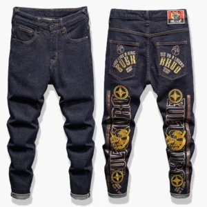 Men's High Quality Plus Size Hip Hop Harem Pants Big Embroidery Patch Mid-Waist Button Decoration Washed Jeans