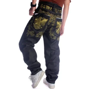 Mens Black Breathable Mid Waist Straight Hip Hop Washed Winter Denim Jeans in Bulk with Golden Embroidery