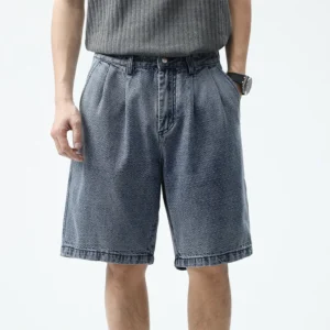 Summer Men's Breathable Light Mid Waist Straight Casual Denim Shorts 100% Cotton Stretch Blue