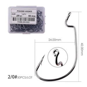 50pcs/box Offset Fishing Hook Jig Head Wide Crank Fishhook For Soft Worm Lure Barbed Fishing Hooks