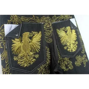 Mens Black Breathable Mid Waist Straight Hip Hop Washed Winter Denim Jeans in Bulk with Golden Embroidery
