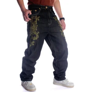 Mens Black Breathable Mid Waist Straight Hip Hop Washed Winter Denim Jeans in Bulk with Golden Embroidery