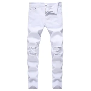 Mens Slim Fit Knee Ripped Jeans Plus Size Black White Skinny Distressed Stretch Denim Trousers Work Pants