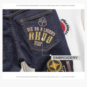 Men's High Quality Plus Size Hip Hop Harem Pants Big Embroidery Patch Mid-Waist Button Decoration Washed Jeans