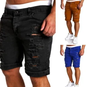 Fashion Men Boy Skinny Runway Straight Short Casual Denim Pants Runway Straight Destroyed Ripped Jeans Shorts