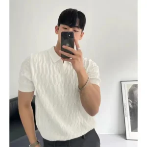 Men's Knitted T-shirt Korean Style Slim-fit Solid Color Ice Silk Lapel
