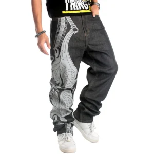 Men's Designer Graphic Printed Jeans Winter Stonewashed Baggy Hip Hop Style Soft Embroidered Straight Knitted Loose Fit