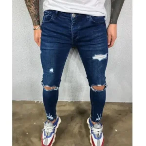 Stretch Slim Denim Pant High Quality Ripped Hole Street Jeans Casual Pants Trousers for Men