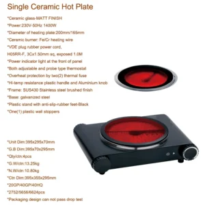 1400W Household Hotplate Single burner Cooking Stove With Temperature Control