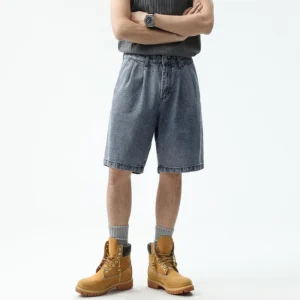 Summer Men's Breathable Light Mid Waist Straight Casual Denim Shorts 100% Cotton Stretch Blue