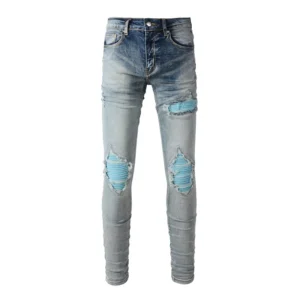 Custom Painted Colored Patch Ripped Street Style Fashion Blue Jeans for Men