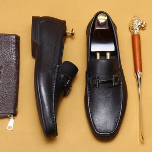 (MOQ: 1 Piece)Men's Genuine Leather British Style Loafers Slip-On Summer Business  Breathable Pigskin Lining Rubber Sole