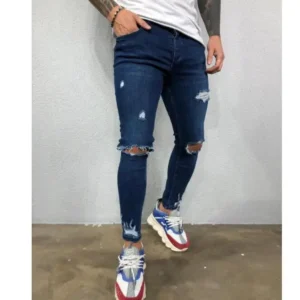 Stretch Slim Denim Pant High Quality Ripped Hole Street Jeans Casual Pants Trousers for Men