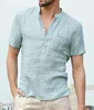 Men Summer Design Short Sleeve Tops Pullover Button V-neck Latest Trend Cotton Linen Causal Men's Shirt