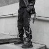 Black Color Ribbon Cargo Pants Men's Trendy Ankle-tied Loose Mid Waist Personalized Streetwear Outdoor Hiphop Long Trousers