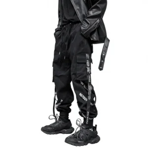Black Color Ribbon Cargo Pants Men's Trendy Ankle-tied Loose Mid Waist Personalized Streetwear Outdoor Hiphop Long Trousers