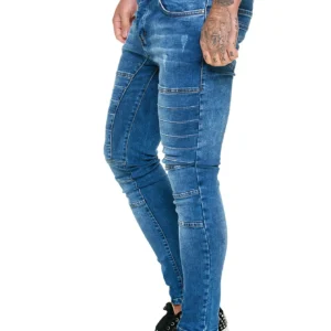 2023 New European and American Wash Rock Cool Slim Sidestripe Style Motorcycle Men's Feet Pants Men's Tight Jeans