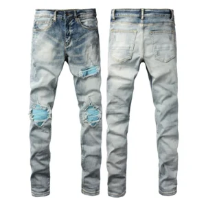 Custom Painted Colored Patch Ripped Street Style Fashion Blue Jeans for Men