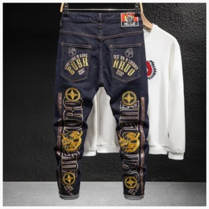 Men's High Quality Plus Size Hip Hop Harem Pants Big Embroidery Patch Mid-Waist Button Decoration Washed Jeans