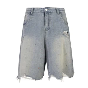 Custom Custom Summer Sweat Jeansorts Raw Hem Mens Jeans Shiny Rhinestone Wash Streetwear Jeans Shorts for Men