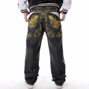 Mens Black Breathable Mid Waist Straight Hip Hop Washed Winter Denim Jeans in Bulk with Golden Embroidery