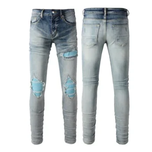 Custom Painted Colored Patch Ripped Street Style Fashion Blue Jeans for Men