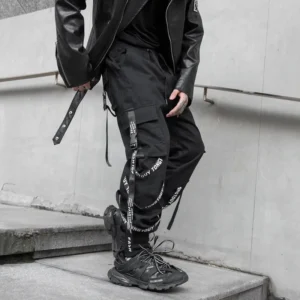 Black Color Ribbon Cargo Pants Men's Trendy Ankle-tied Loose Mid Waist Personalized Streetwear Outdoor Hiphop Long Trousers